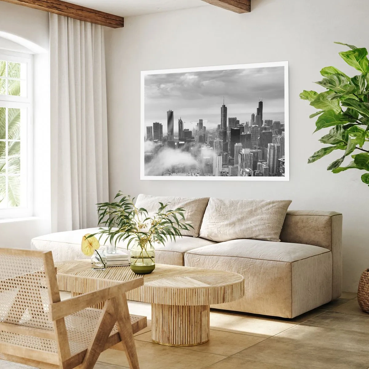 Poster - Panorama della città con grattacieli tra le nuvole in bianco e nero - 100x70cm - Paesaggio americano - Decorazione murale moderna per soggiorno e camera da letto ARTTOR