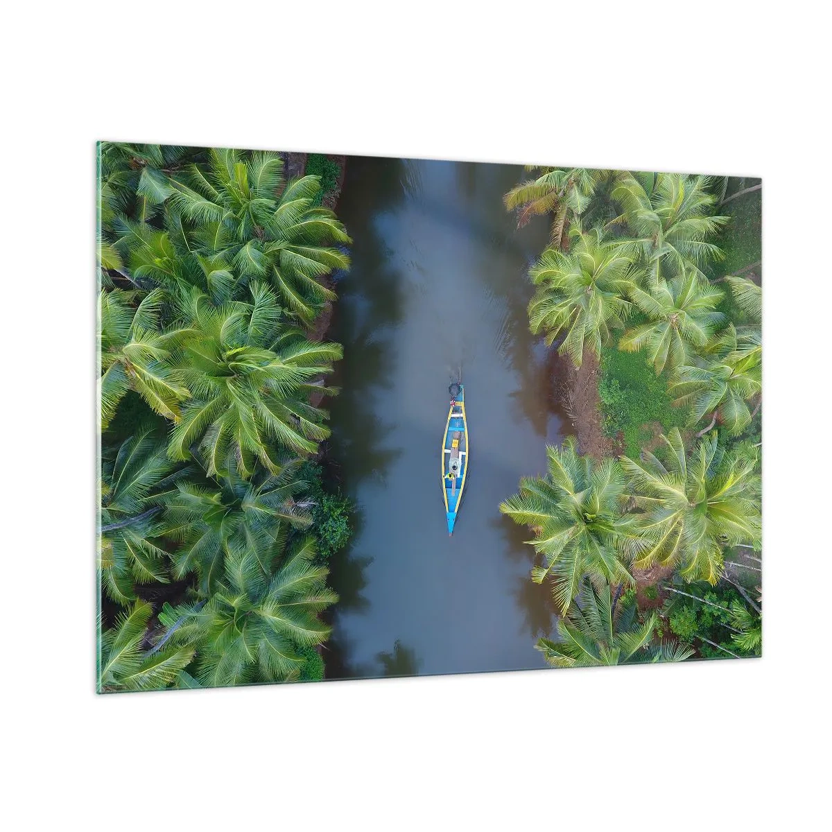 Quadro su vetro - Vista dall'alto di una barca che naviga attraverso un canale tra palme tropicali - 100x70cm - Sul percorso tropicale - Decorazione murale moderna per soggiorno e camera da letto ARTTOR