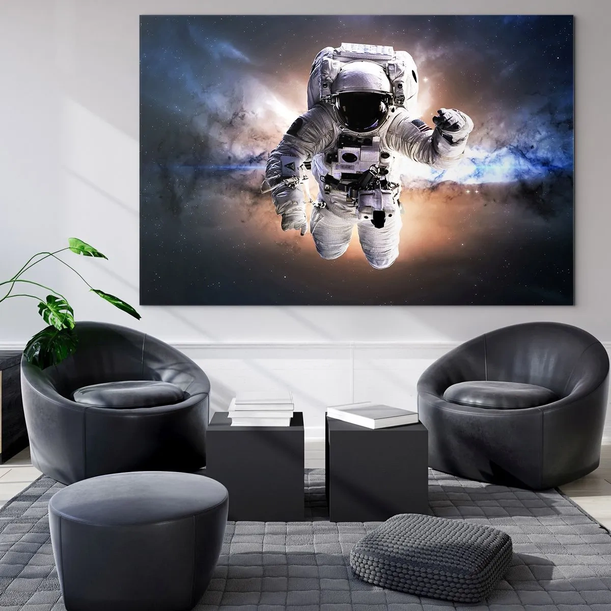 Quadro su vetro - Astronauta nello spazio con una galassia sullo sfondo - 120x80cm - Saluti dal cosmo - Decorazione murale moderna per soggiorno e camera da letto ARTTOR