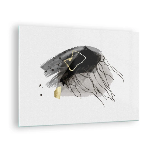 Quadro su vetro - Composizione astratta di nero e oro su sfondo bianco - 70x50cm - In nero e in oro - Decorazione murale moderna per soggiorno e camera da letto ARTTOR
