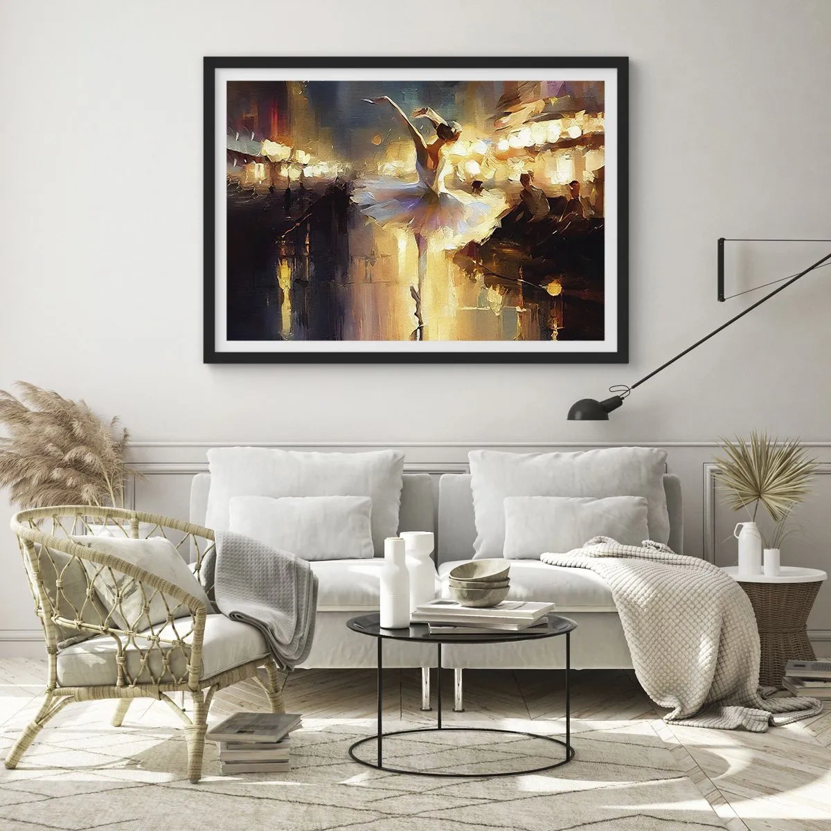 Poster in cornice nera - Una ballerina che balla davanti a un palco illuminato - 70x50cm - Miracolo nella strada - Decorazione murale moderna per soggiorno e camera da letto ARTTOR