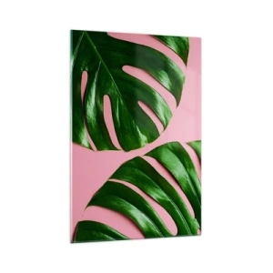 Quadro su vetro - Foglie di monstera verdi su sfondo rosa - 70x100cm - Appuntamento in verde - Decorazione murale moderna per soggiorno e camera da letto ARTTOR