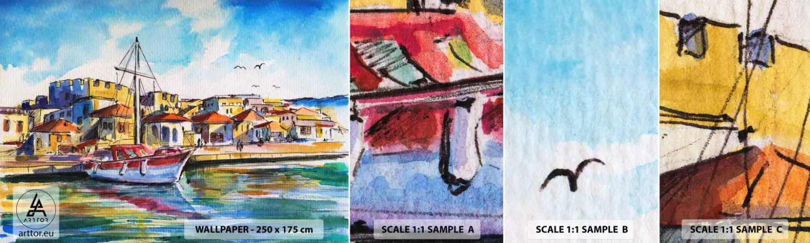 Campione Di Fotomurale Standard Eco - Un colorato pomeriggio - Porto, Yacht, Mare - 100x30 cm