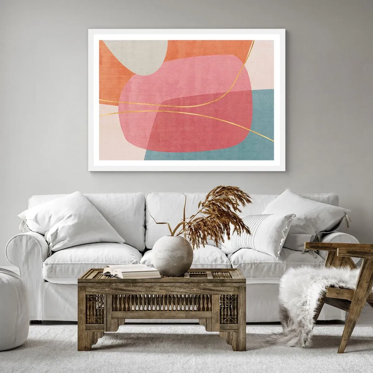 Poster in cornice bianca - Composizione pastello con filo dorato - 91x61 cm