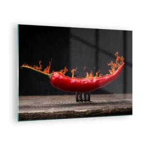 Quadro su vetro - Peperoncino rosso bruciante su sfondo nero - 70x50cm - Stuzzichino infuocato - Decorazione murale moderna per soggiorno e camera da letto ARTTOR