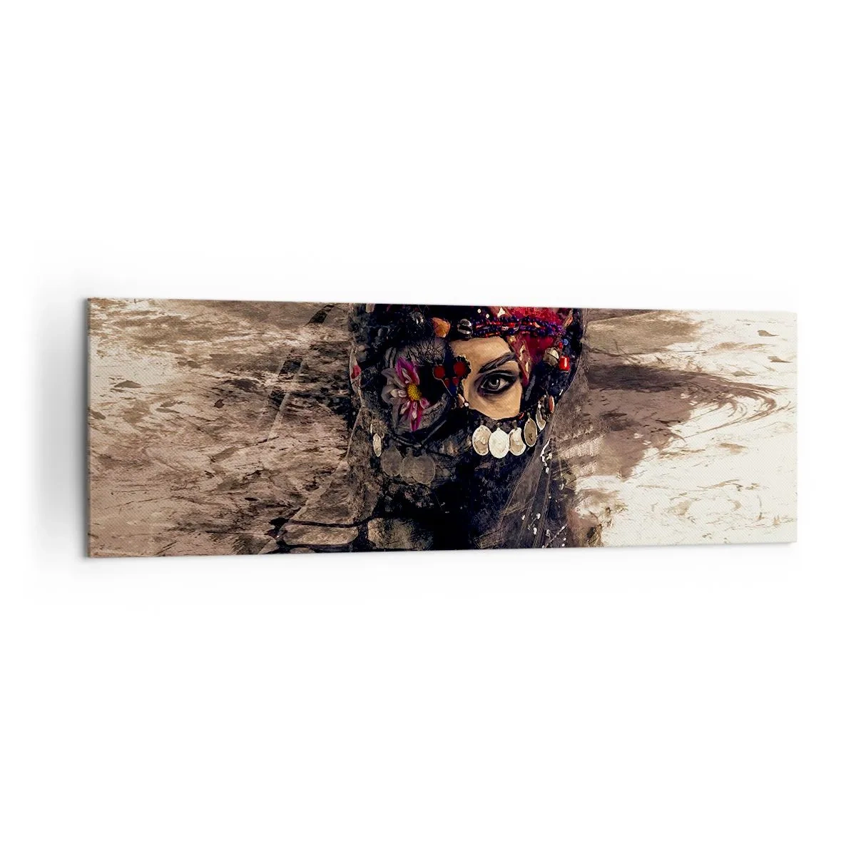 Quadro su tela - Stampe su Tela - Ritratto artistico di una donna in abiti orientali su uno sfondo astratto. - 160x50cm - Quantomeno inquietante - Decorazione murale moderna per soggiorno e camera da letto ARTTOR