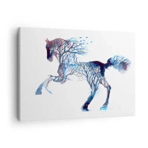 Quadro su tela - Stampe su Tela - Grafica artistica di un cavallo con motivi di alberi e uccelli - 70x50cm - Come se il bosco si muovesse - Decorazione murale moderna per soggiorno e camera da letto ARTTOR