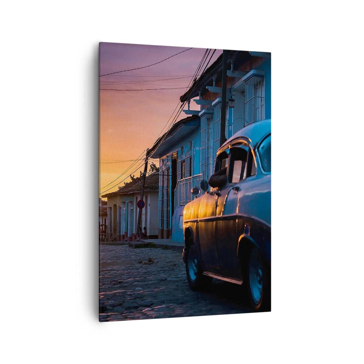Quadro su tela - Stampe su Tela - Auto e bicicletta retrò sulla strada alla luce del sole al tramonto - 70x100cm - Qui il tempo rallenta - Decorazione murale moderna per soggiorno e camera da letto ARTTOR