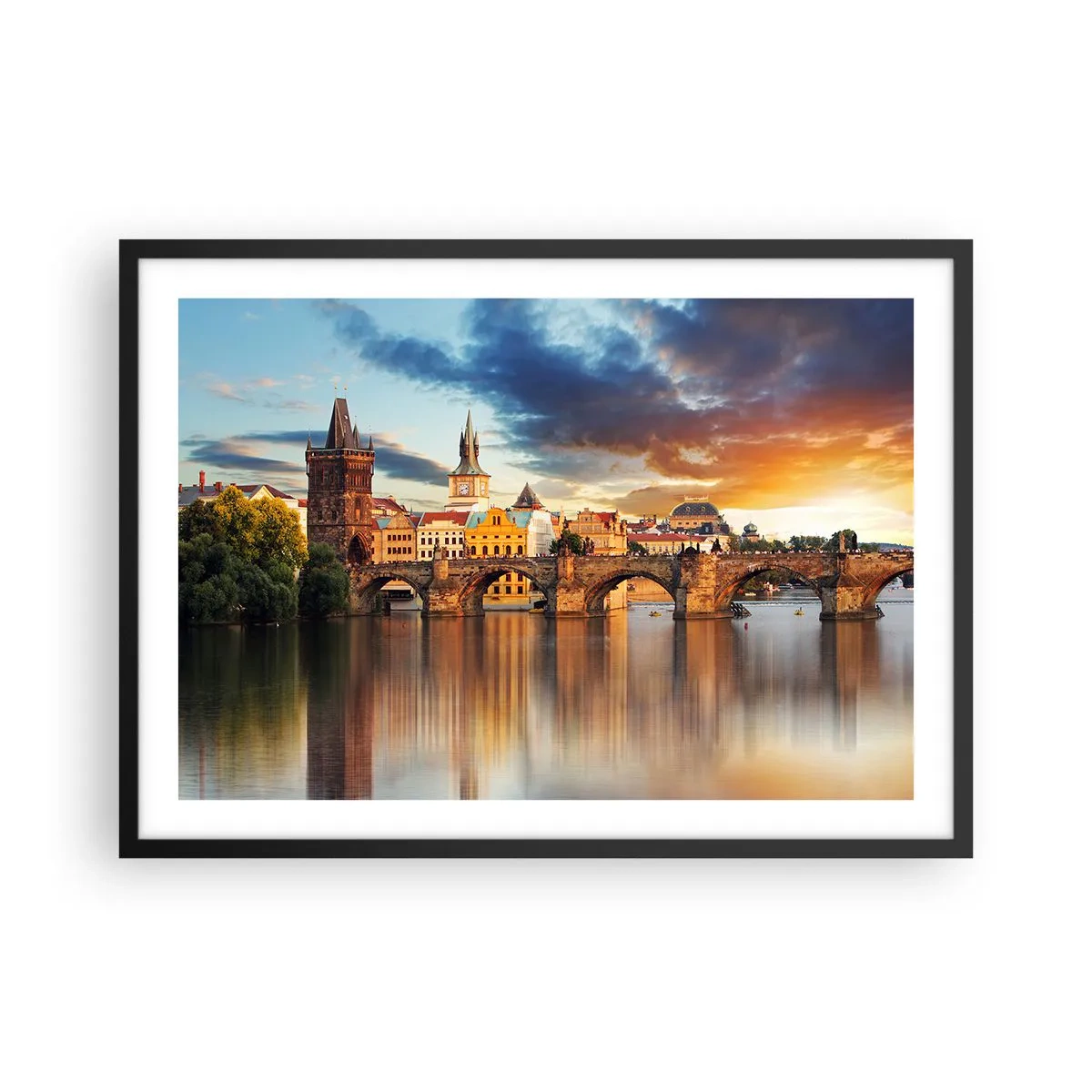 Poster in cornice nera - Lo storico ponte sul fiume alla luce del tramonto - 70x50cm - Bella da secoli - Decorazione murale moderna per soggiorno e camera da letto ARTTOR