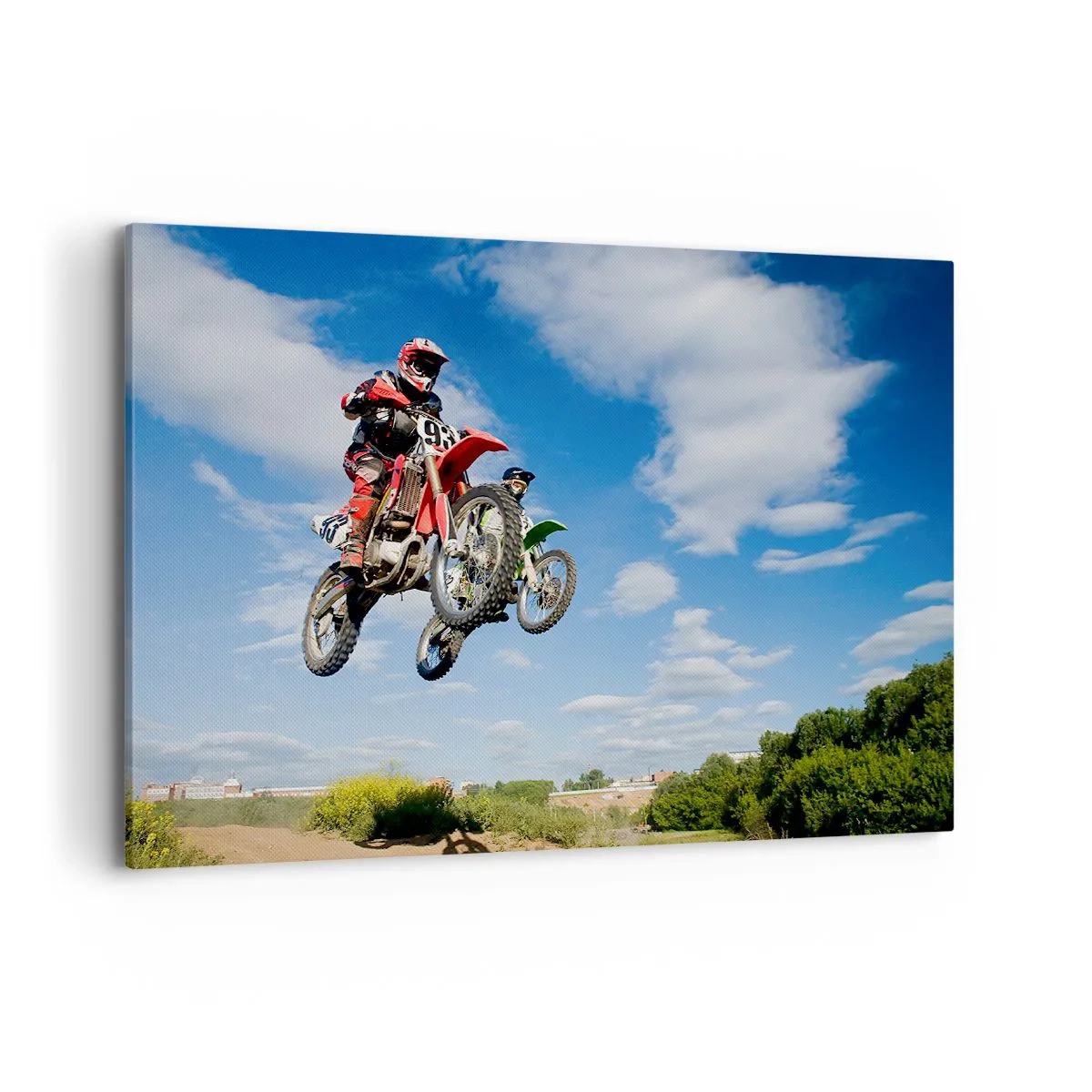 Quadro su tela - Stampe su Tela - Piloti di moto da cross in aria durante un salto - 120x80cm - Saltando sotto il cielo - Decorazione murale moderna per soggiorno e camera da letto ARTTOR