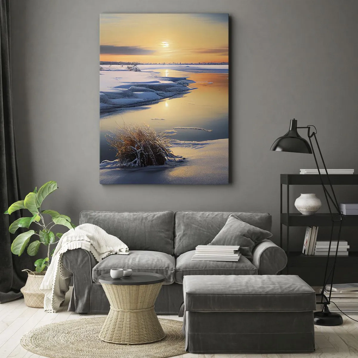 Quadro su tela - Stampe su Tela - Paesaggio invernale con un fiume al tramonto - 80x120cm - Tramonto invernale - Decorazione murale moderna per soggiorno e camera da letto ARTTOR