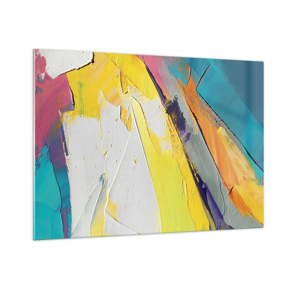 Quadro su vetro - Pennellate astratte in giallo, blu e bianco - 100x70cm - Anatomia della luce - Decorazione murale moderna per soggiorno e camera da letto ARTTOR