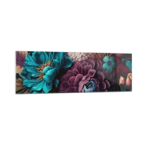 Quadro su vetro - Un mazzo di fiori dai colori intensi su uno sfondo scuro - 160x50cm - Ricchezza della natura - Decorazione murale moderna per soggiorno e camera da letto ARTTOR