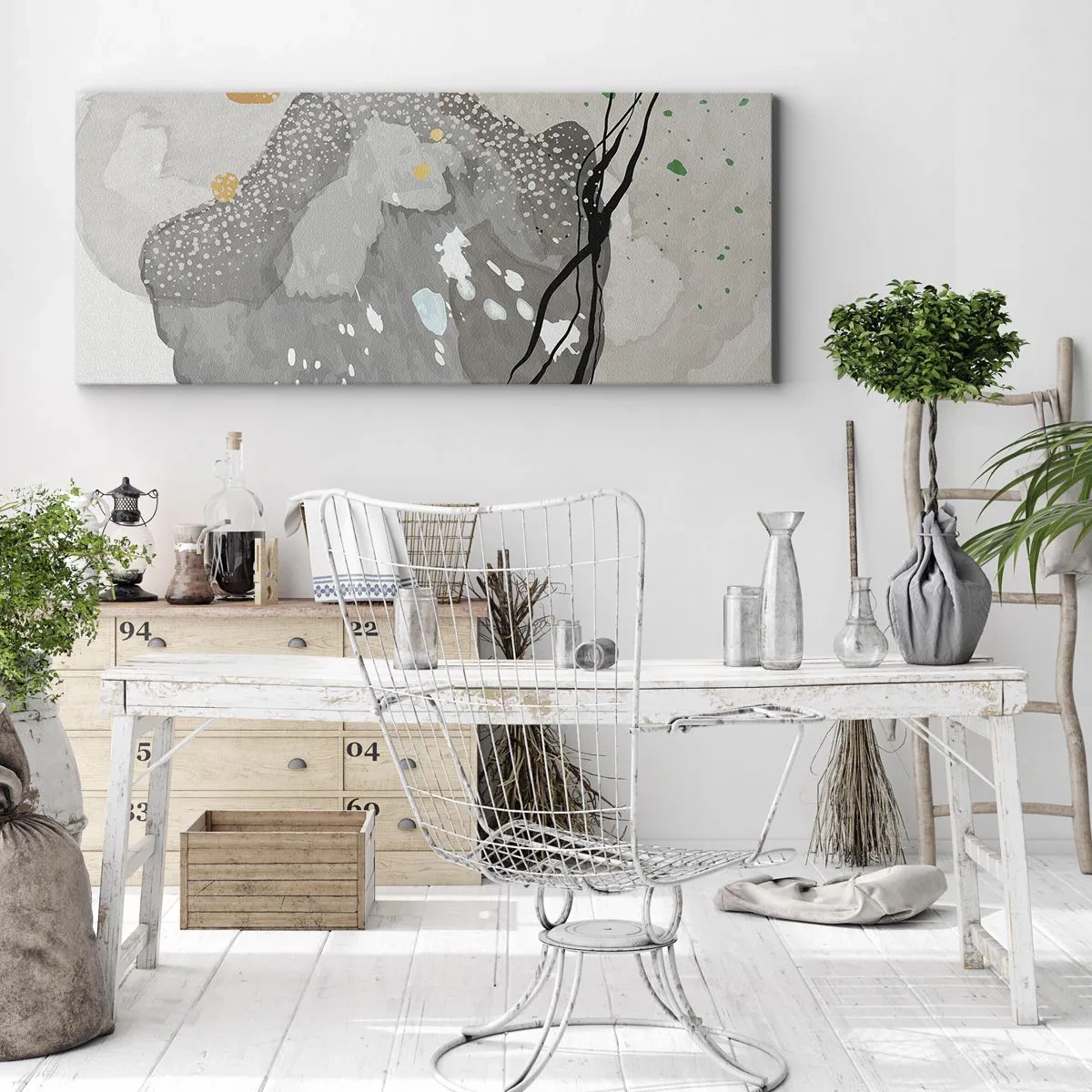 Quadro su tela - Stampe su Tela - Forme organiche in tonalità di grigio con accenti di nero e oro - 160x50cm - Composizione organica - Decorazione murale moderna per soggiorno e camera da letto ARTTOR