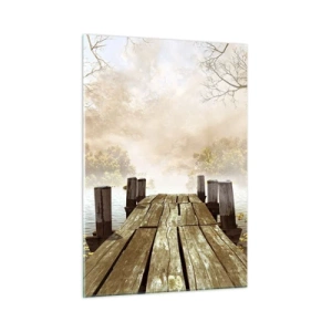 Quadro su vetro - Un molo di legno su un lago calmo nella nebbia - 50x70cm - La mite melanconia autunnale - Decorazione murale moderna per soggiorno e camera da letto ARTTOR