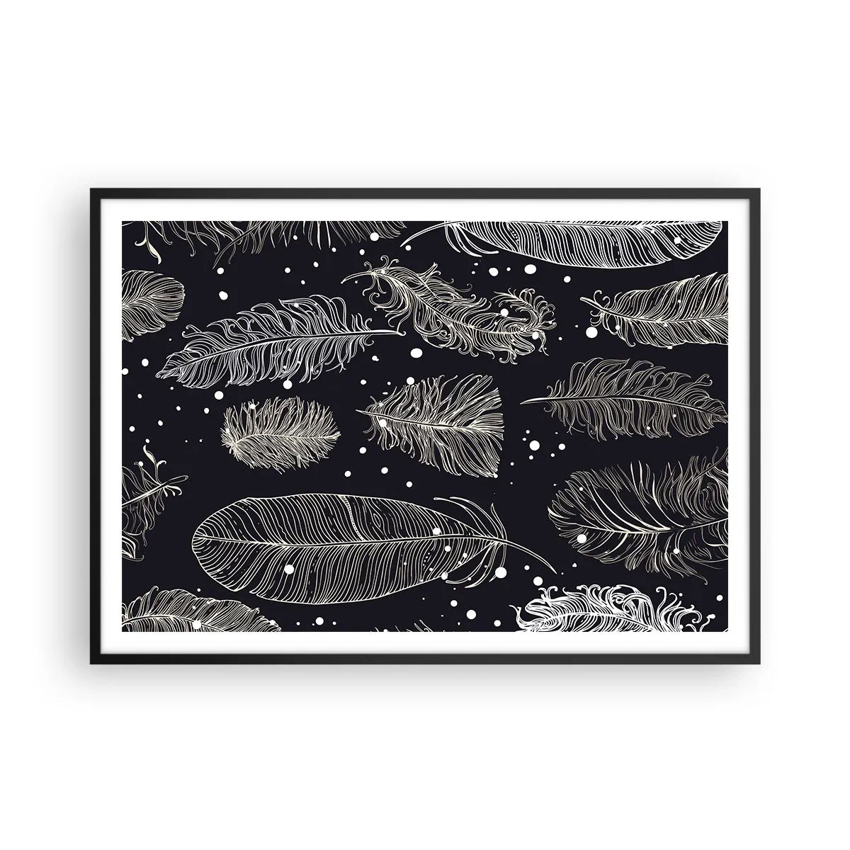 Poster in cornice nera - Delicate piume bianche su sfondo blu navy - 100x70cm - Pizzo piumato - Decorazione murale moderna per soggiorno e camera da letto ARTTOR
