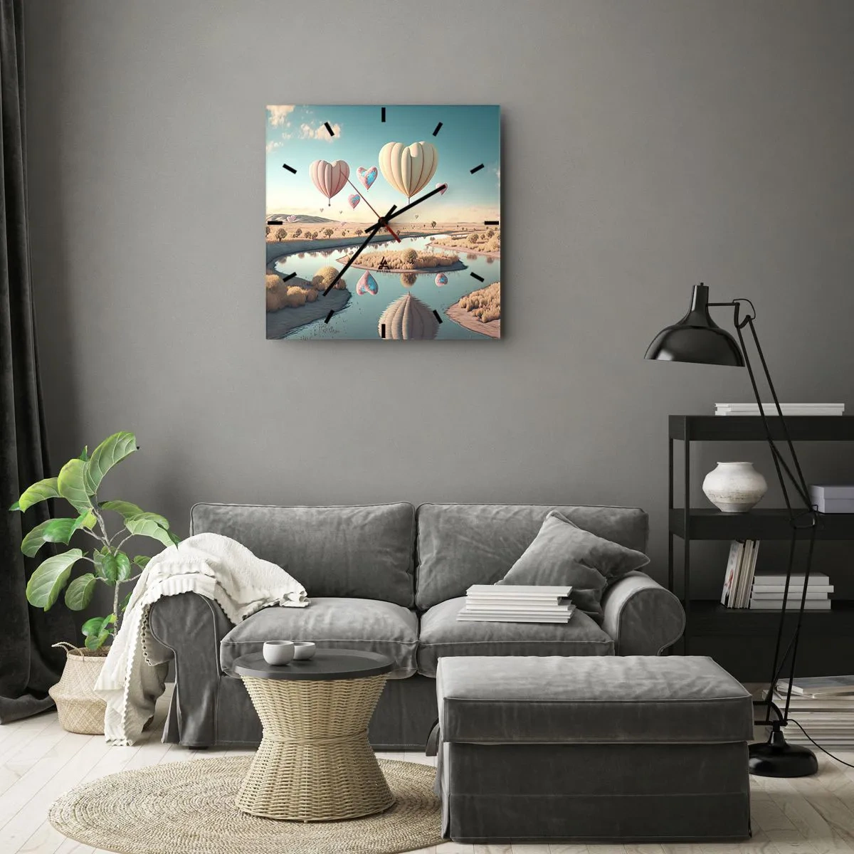 Orologio da parete - Orologio in Vetro - Palloncini a forma di cuore che fluttuano sopra il paesaggio - 30x30cm - L'amore permette di volare - Decorazione murale moderna per soggiorno e camera da letto ARTTOR