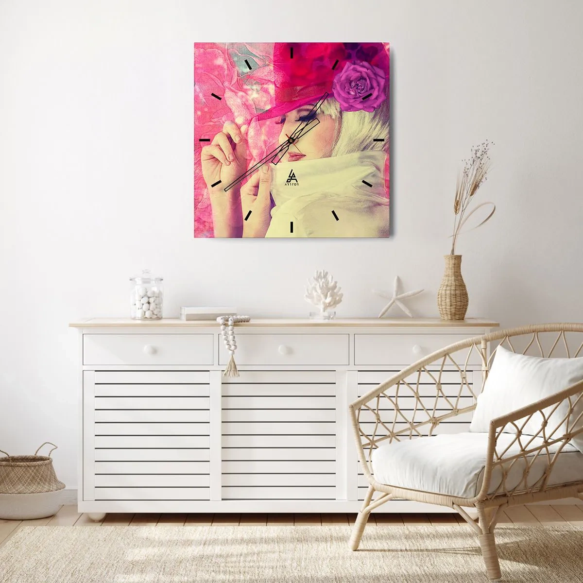 Orologio da parete - Orologio in Vetro - Ritratto retro nei vapori di rosa - 40x40 cm