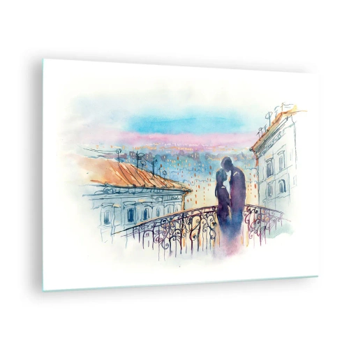 Quadro su vetro - Coppia sul balcone che si gode un romantico tramonto - 70x50cm - Amanti parigini - Decorazione murale moderna per soggiorno e camera da letto ARTTOR