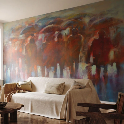 Fotomurali Premium Sand - Composizione astratta di figure con ombrelli sotto la pioggia - 100x70cm - Uguali nella pioggia e nella nebbia - Decorazione murale moderna per soggiorno e camera da letto ARTTOR