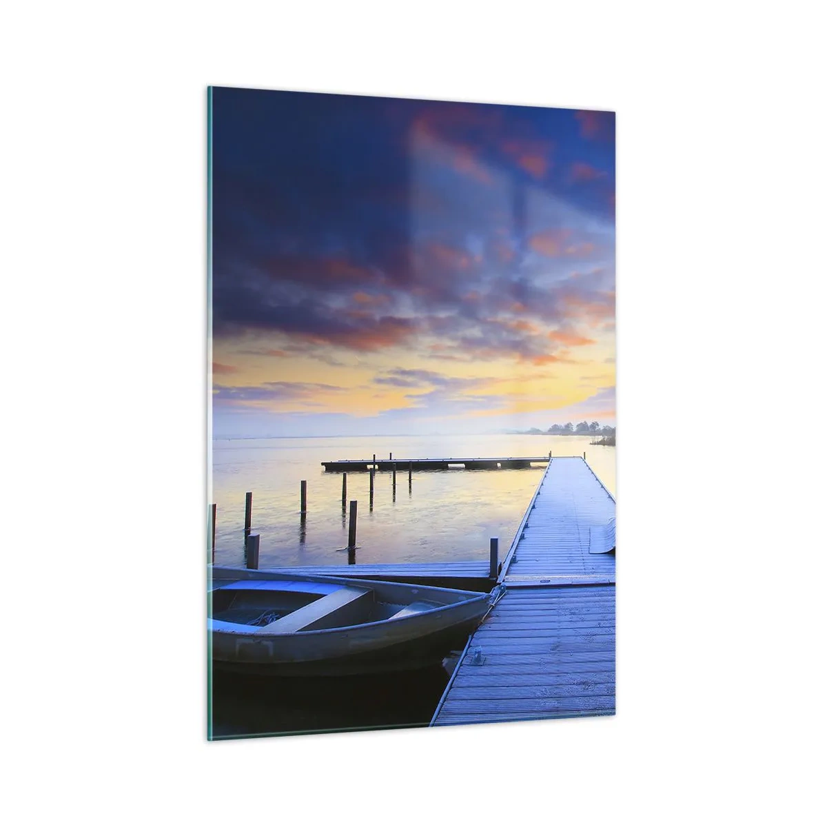 Quadro su vetro - Un molo sul lago all'alba circondato dalla natura pacifica - 50x70cm - Tranquillità violacea e dorata - Decorazione murale moderna per soggiorno e camera da letto ARTTOR