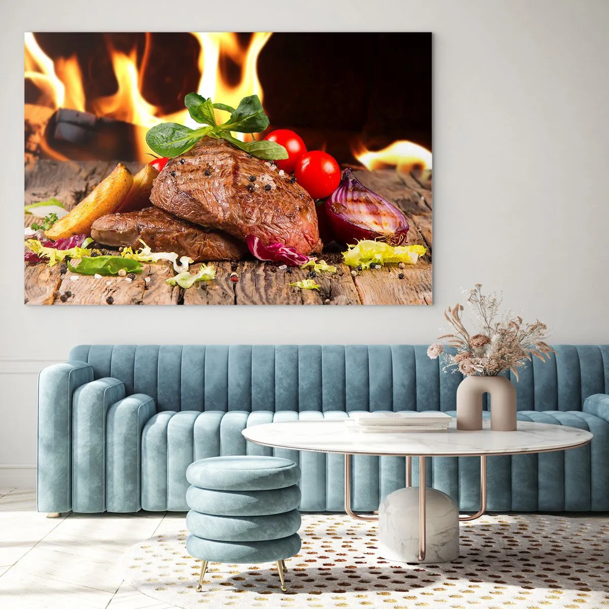 Quadro su vetro - Bistecca alla griglia con verdure sullo sfondo delle fiamme - 120x80cm - Incantate dal fuoco - Decorazione murale moderna per soggiorno e camera da letto ARTTOR