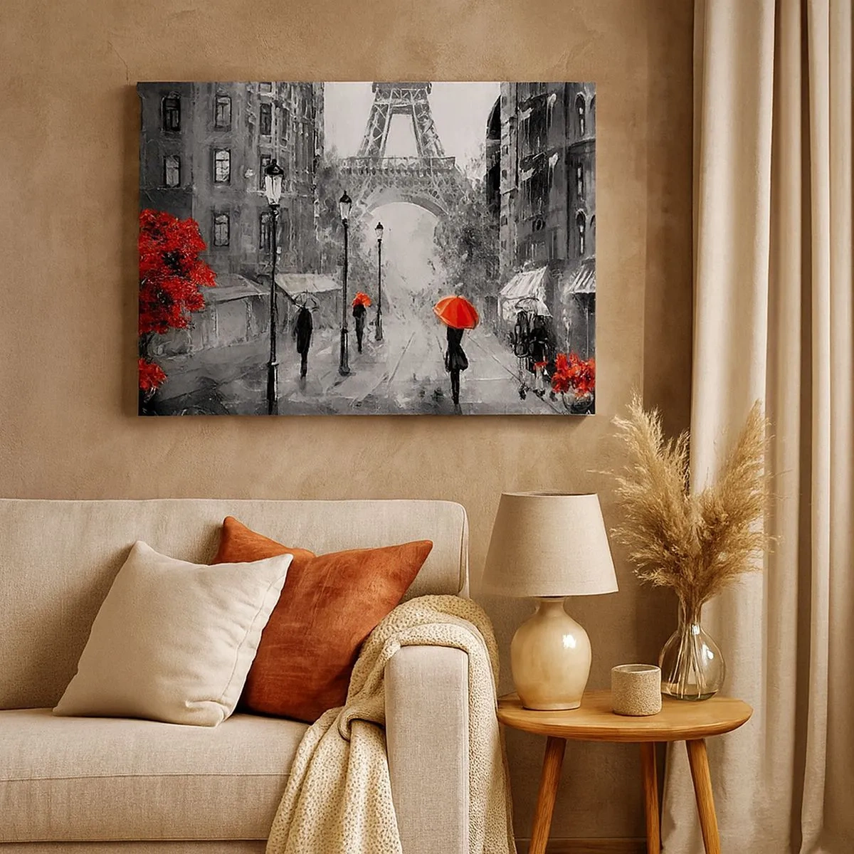Quadro su tela - Stampe su Tela - Una strada con vista sulla Torre Eiffel e ombrelli rossi - 70x50cm - Tutte le strade portano da lei - Decorazione murale moderna per soggiorno e camera da letto ARTTOR