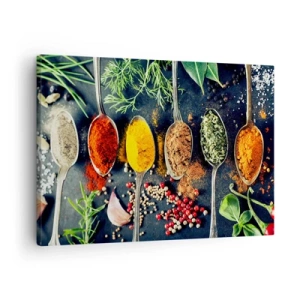 Quadro su tela - Stampe su Tela - Spezie colorate su cucchiai con erbe aromatiche sullo sfondo - 70x50cm - Magie gastronomiche - Decorazione murale moderna per soggiorno e camera da letto ARTTOR
