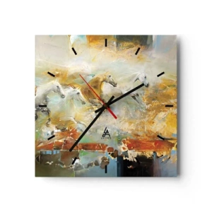 Orologio da parete - Orologio in Vetro - Cavalli artistici in un ambiente dinamico e colorato - 30x30cm - Al galoppo attraverso la luce - Decorazione murale moderna per soggiorno e camera da letto ARTTOR