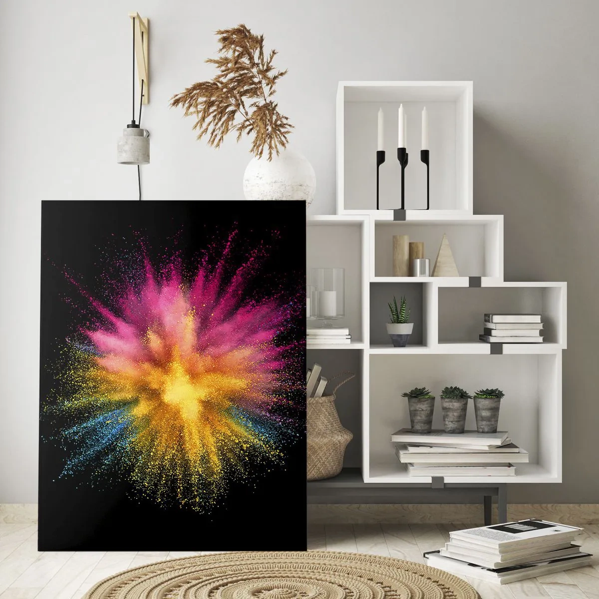 Quadro su vetro - Esplosione di polvere colorata su sfondo nero - 70x100cm - La nascita dei colori - Decorazione murale moderna per soggiorno e camera da letto ARTTOR