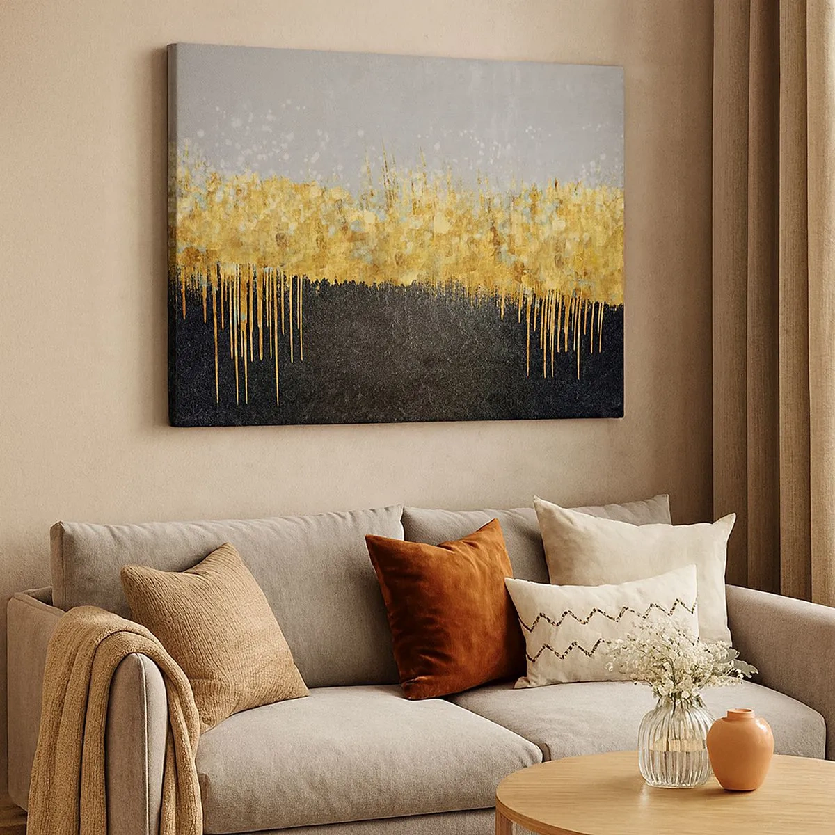 Quadro su tela - Stampe su Tela - Composizione astratta nei toni dell'oro e del nero - 70x50cm - Nel profondo e verso l'alto - Decorazione murale moderna per soggiorno e camera da letto ARTTOR