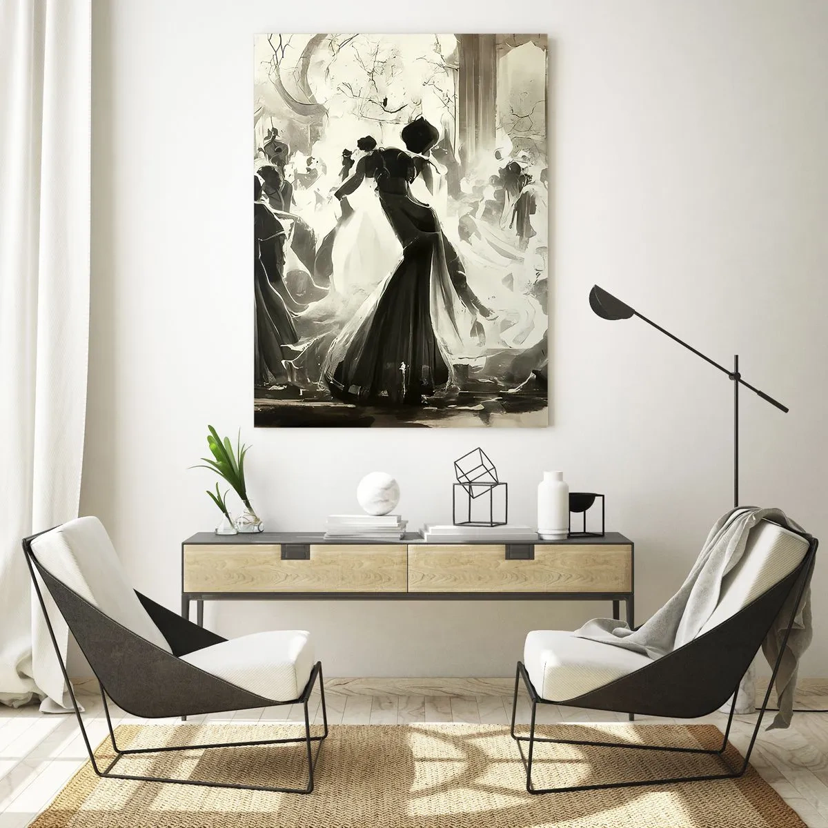 Quadro su vetro - Palla in stile retrò in bianco e nero - 70x100cm - Il gran ballo in maschera - Decorazione murale moderna per soggiorno e camera da letto ARTTOR