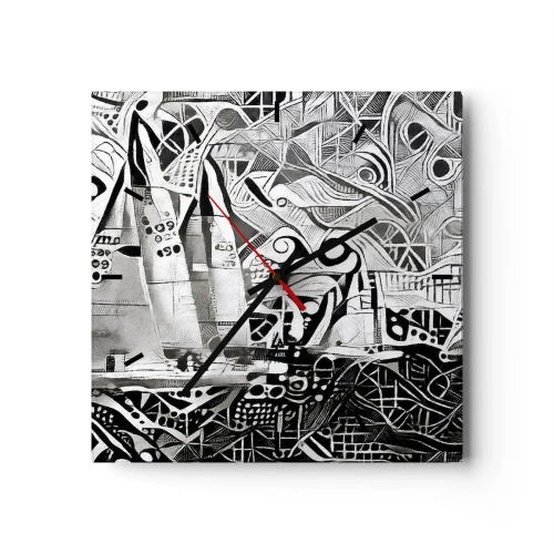 Orologio da parete - Orologio in Vetro - Barche a vela astratte in una composizione monocromatica - 30x30cm - Tra le onde - Decorazione murale moderna per soggiorno e camera da letto ARTTOR