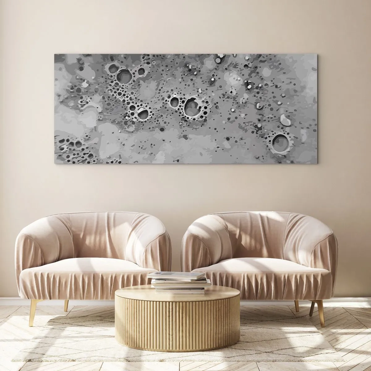 Quadro su vetro - Motivo astratto a bolle in bianco e nero - 120x50cm - Come un paesaggio lunare - Decorazione murale moderna per soggiorno e camera da letto ARTTOR