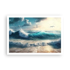 Poster - Onde del mare sulla spiaggia sotto un cielo azzurro con gabbiani - 100x70cm - Mormora solo per te - Decorazione murale moderna per soggiorno e camera da letto ARTTOR