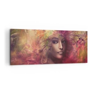 Quadro su tela - Stampe su Tela - Una donna dai colori astratti che crea uno sfondo dinamico - 120x50cm - Sono qui! - Decorazione murale moderna per soggiorno e camera da letto ARTTOR