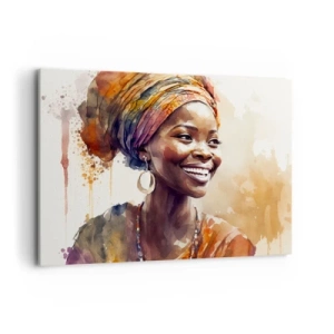 Quadro su tela - Stampe su Tela - Ritratto di una donna sorridente con una sciarpa colorata in acquerello - 100x70cm - Regina africana - Decorazione murale moderna per soggiorno e camera da letto ARTTOR
