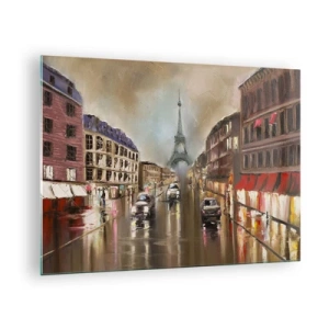 Quadro su vetro - Strada serale di Parigi con vista sulla Torre Eiffel - 70x50cm - Conta solo lei - Decorazione murale moderna per soggiorno e camera da letto ARTTOR