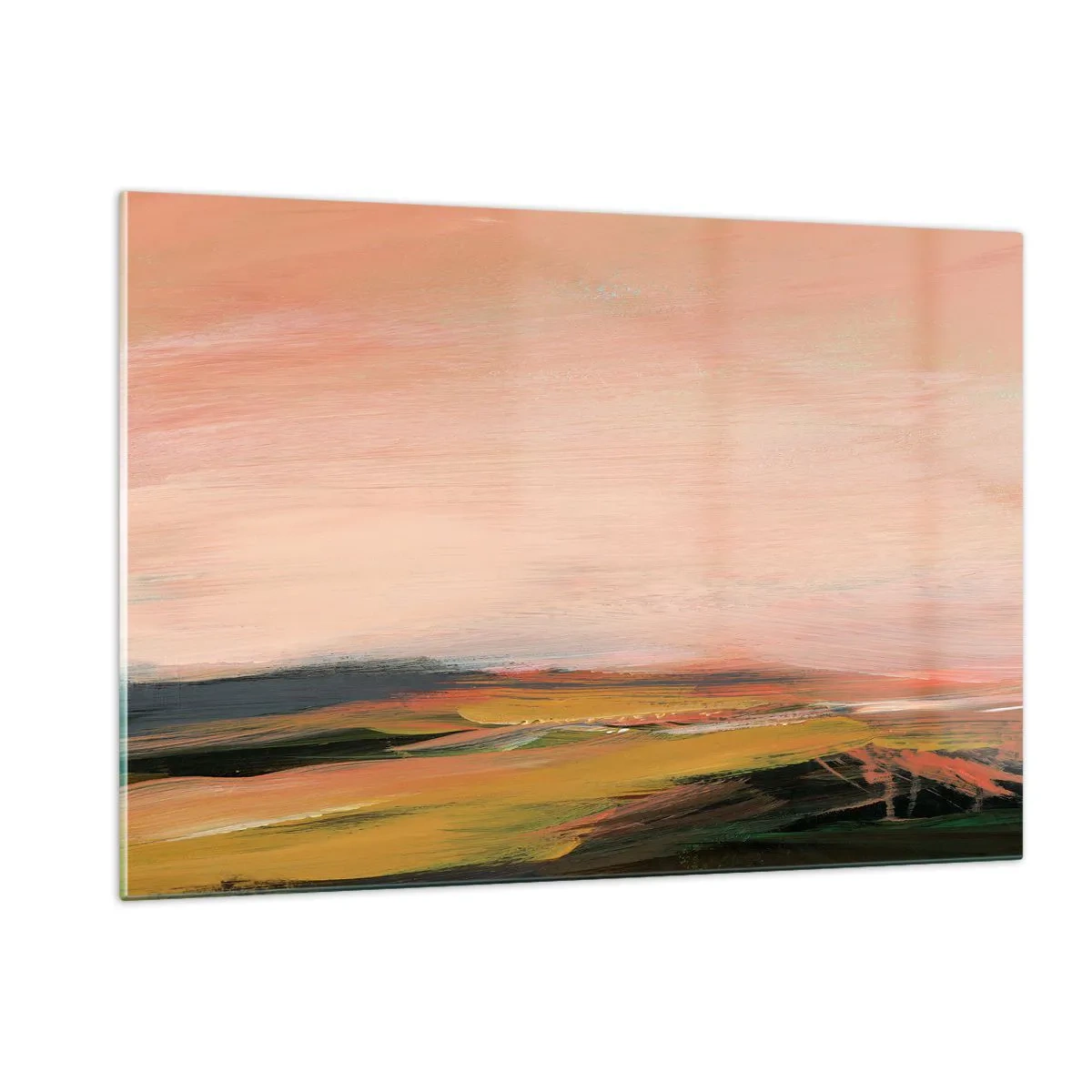 Quadro su vetro - Un paesaggio astratto nelle tonalità del rosa e del verde sporco. - 120x80cm - In tonalità di rosa - Decorazione murale moderna per soggiorno e camera da letto ARTTOR