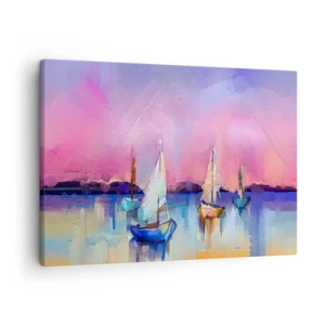 Quadro su tela - Stampe su Tela - Barche a vela su un mare calmo nei colori pastello del tramonto - 70x50cm - Direzione: mare aperto - Decorazione murale moderna per soggiorno e camera da letto ARTTOR