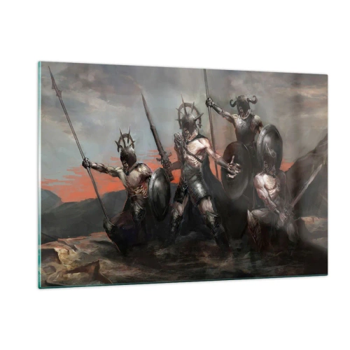 Quadro su vetro - Guerrieri con lance e scudi contro il cielo rosso - 120x80cm - Con lo scudo o sullo scudo - Decorazione murale moderna per soggiorno e camera da letto ARTTOR