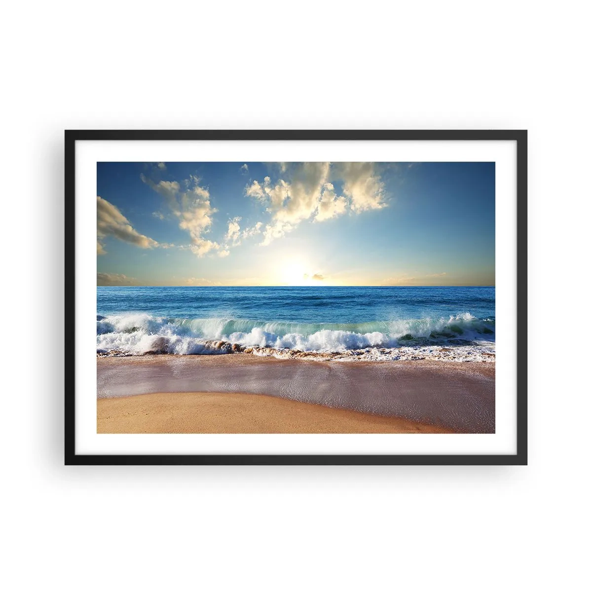 Poster in cornice nera - Una spiaggia soleggiata con onde che si infrangono sulla riva - 70x50cm - Insieme movimento e immobilità - Decorazione murale moderna per soggiorno e camera da letto ARTTOR