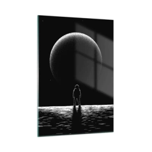 Quadro su vetro - Astronauta in piedi davanti a un pianeta in bianco e nero - 50x70cm - Faccia a faccia - Decorazione murale moderna per soggiorno e camera da letto ARTTOR