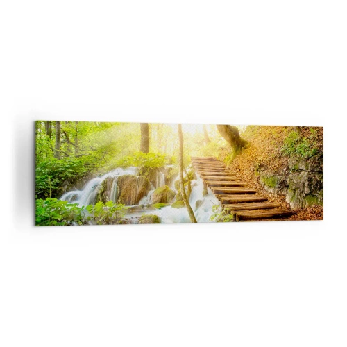 Quadro su tela - Stampe su Tela - Sentiero nel bosco con scale in legno vicino alla cascata - 160x50cm - Bramata freschezza - Decorazione murale moderna per soggiorno e camera da letto ARTTOR