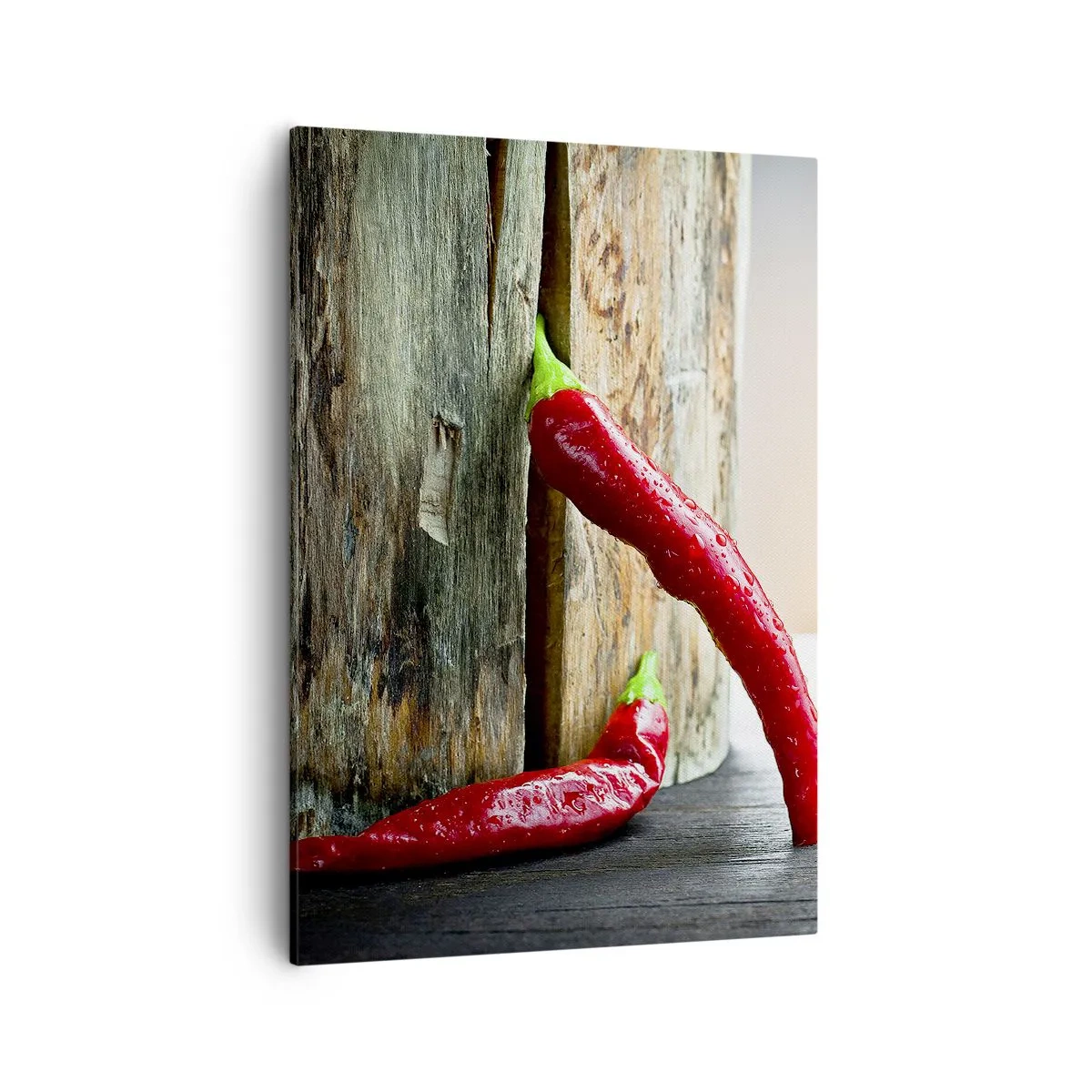 Quadro su tela - Stampe su Tela - Due peperoncini rossi su uno sfondo di legno con un accento rustico - 50x70cm - Red hot chili peppers - Decorazione murale moderna per soggiorno e camera da letto ARTTOR
