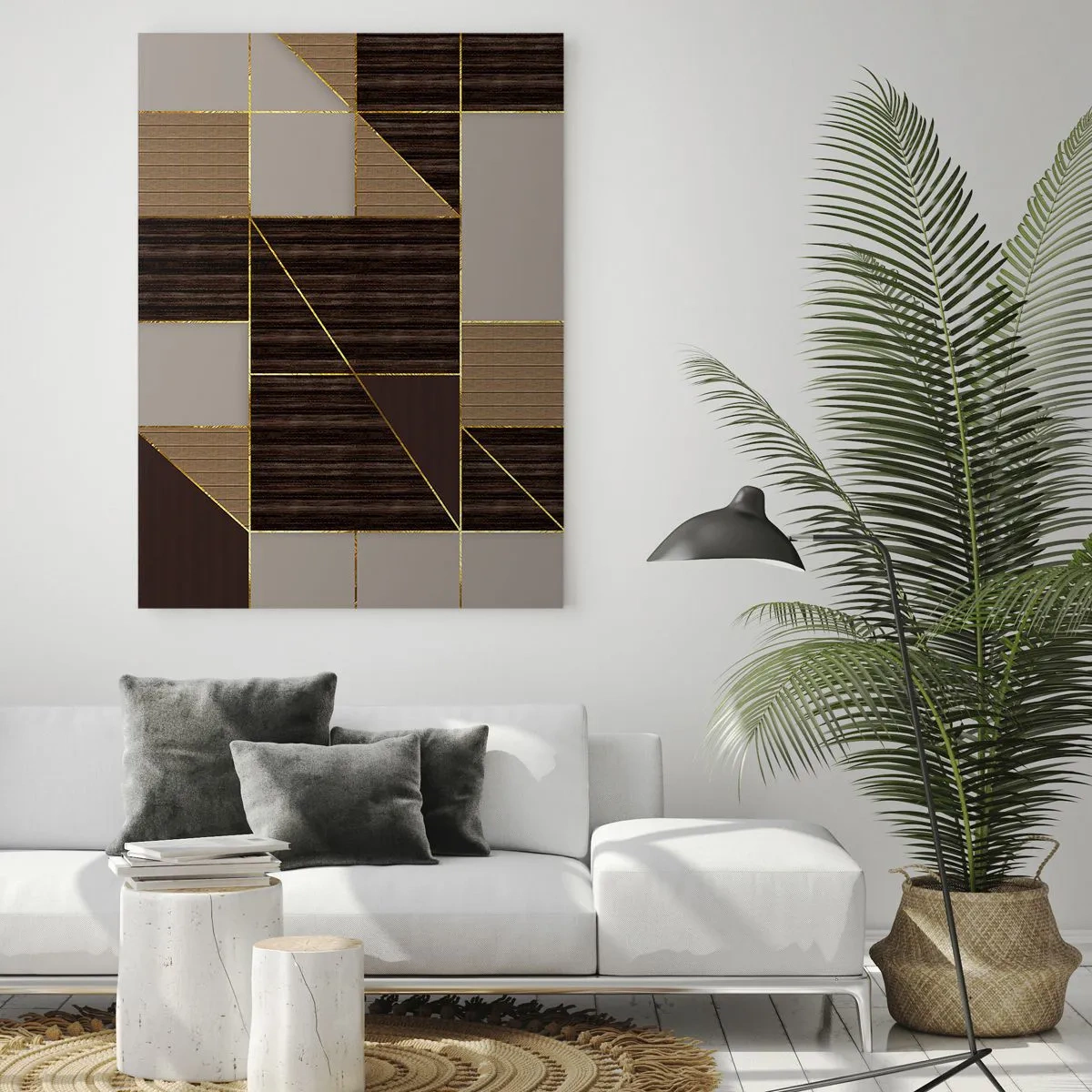 Quadro su vetro - Motivi geometrici nei toni del marrone con linee dorate - 80x120cm - Mosaico di marrone e oro - Decorazione murale moderna per soggiorno e camera da letto ARTTOR