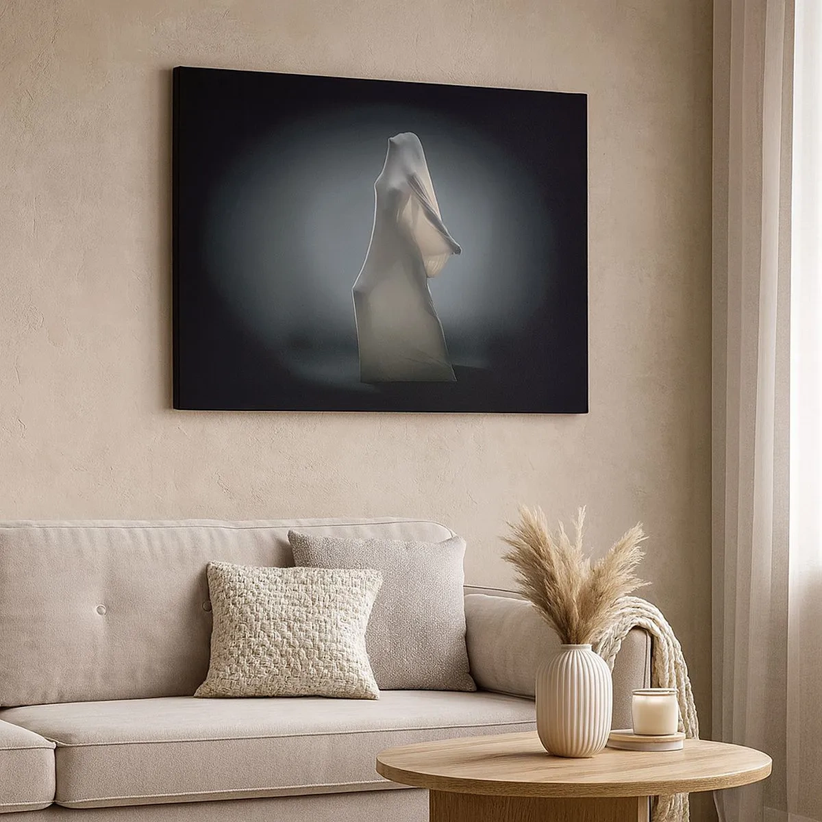 Quadro su tela - Stampe su Tela - Una figura in tessuto bianco su uno sfondo scuro - 70x50cm - Desideri nascosti - Decorazione murale moderna per soggiorno e camera da letto ARTTOR