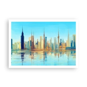 Poster - Un panorama della città dai colori caldi con riflessi nell'acqua - 100x70cm - Metropoli assolata - Decorazione murale moderna per soggiorno e camera da letto ARTTOR