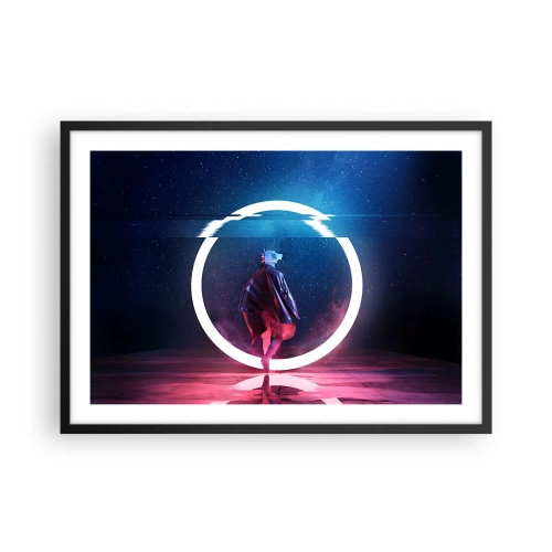 Poster in cornice nera - Un personaggio in un ambiente futuristico con un cerchio al neon - 70x50cm - Tra due mondi - Decorazione murale moderna per soggiorno e camera da letto ARTTOR
