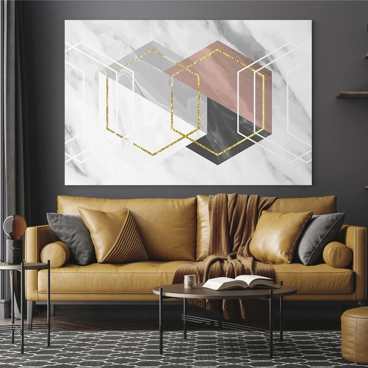Quadro su vetro - Forme geometriche dorate su uno sfondo di marmo - 120x80cm - Composizione a catena - Decorazione murale moderna per soggiorno e camera da letto ARTTOR